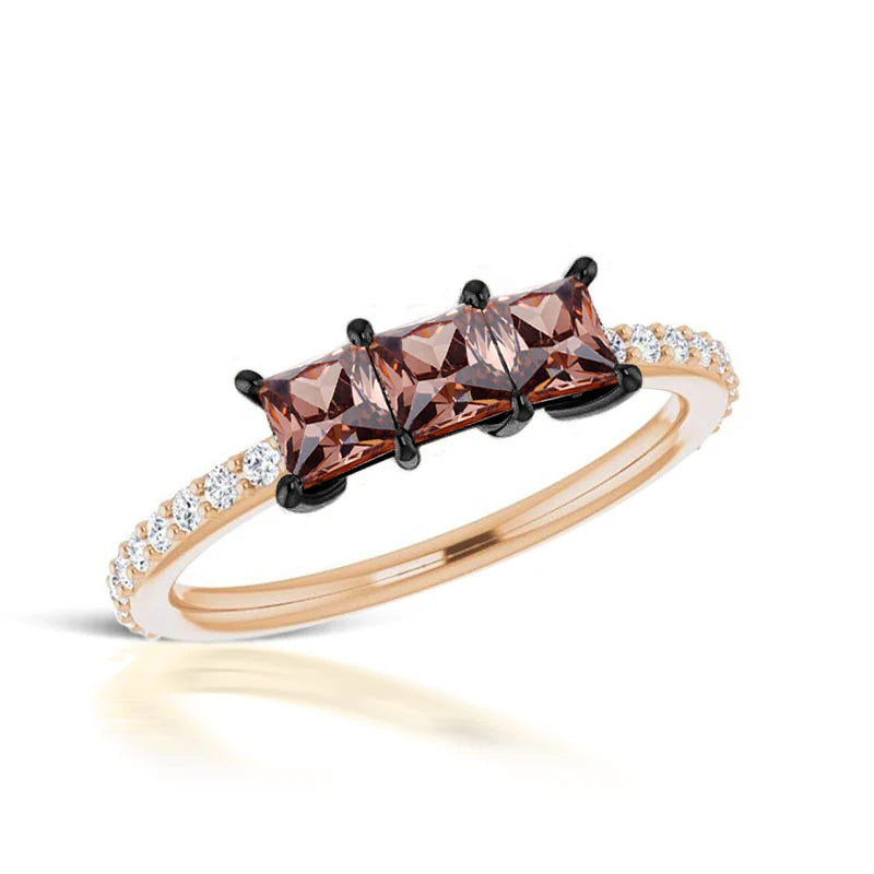Three Princess Brown Diamond Ring in 14K Rose Gold Vermeil- Halo Ring For Her