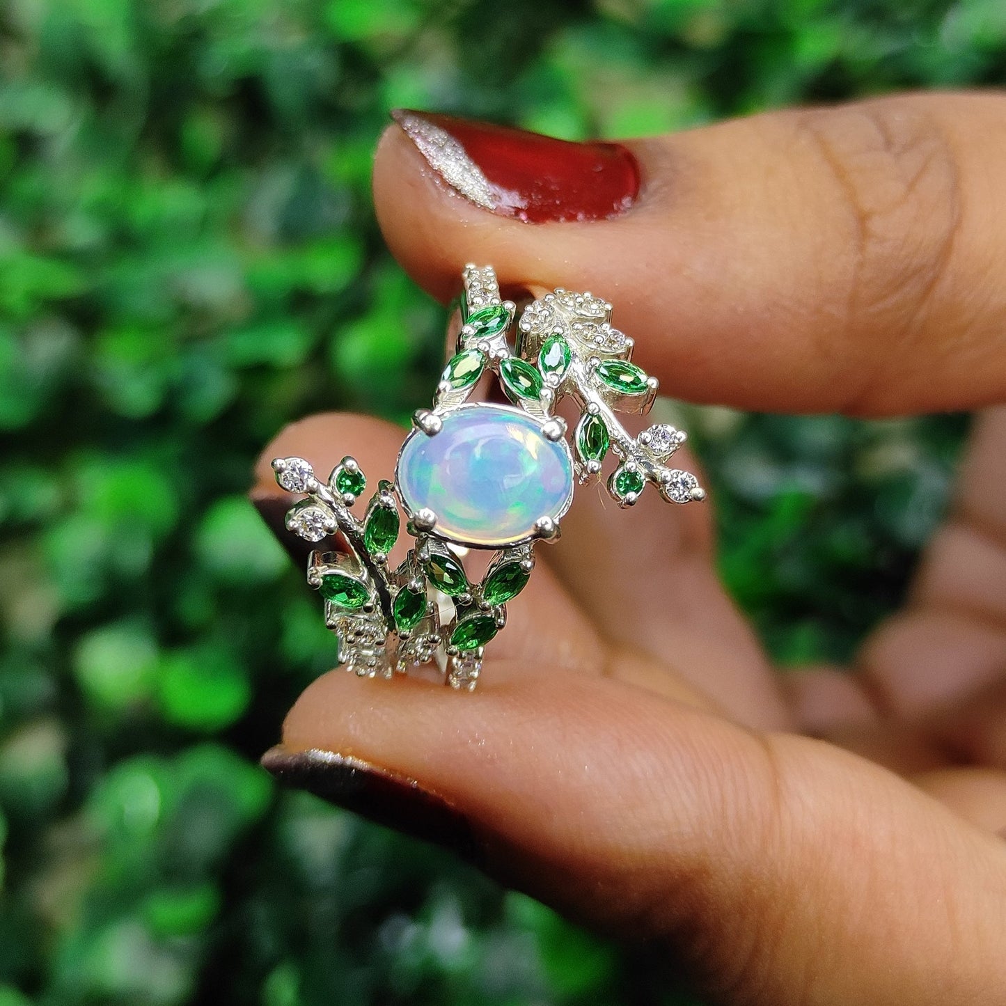 AURA Fire Opal and Emerald Vintage Leaf Wedding Ring 925 Sterling Silver Engagement Ring Gift for Her