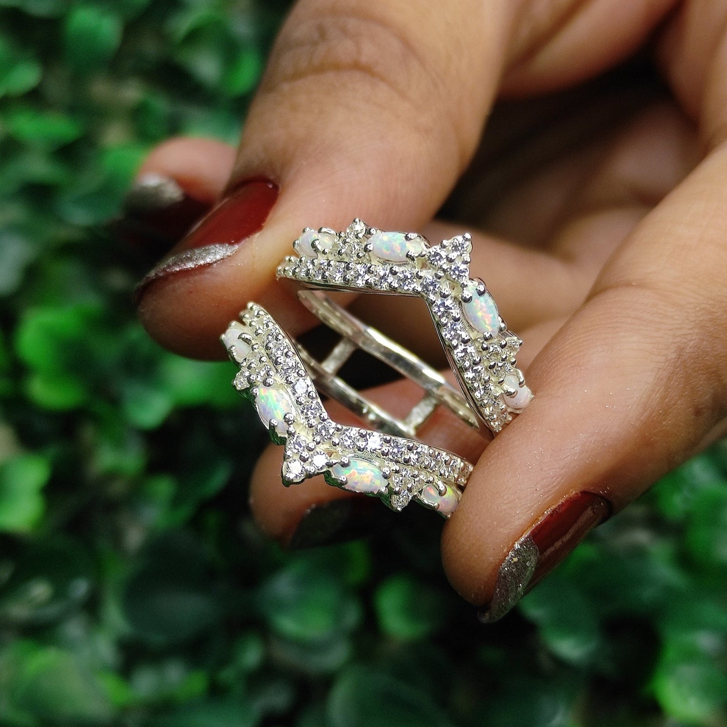 Fire Opal and White Diamond Ring Guard- Crown Engagement Ring Enhancer Wrap- October Birthstone