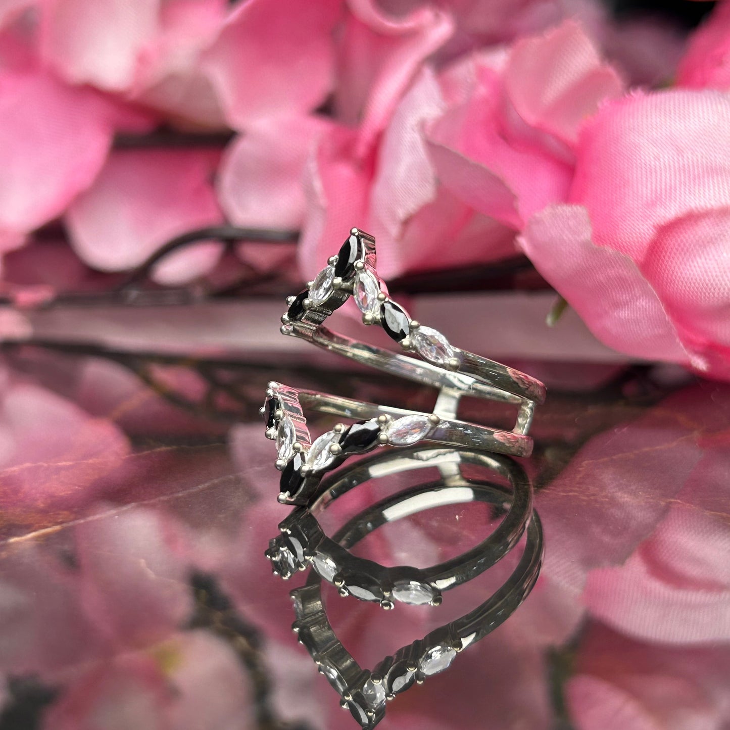 Marquise Cut White Diamond & Black Onyx Wedding Ring Enhancer- 925 Sterling Silver