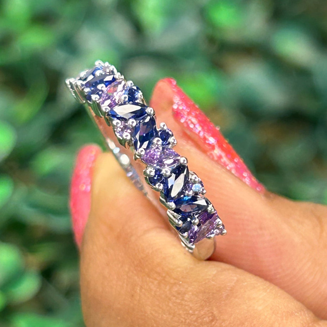 AURORA Blue Sapphire Purple Amethyst Engagement Ring- Modern Eternity Wedding Band