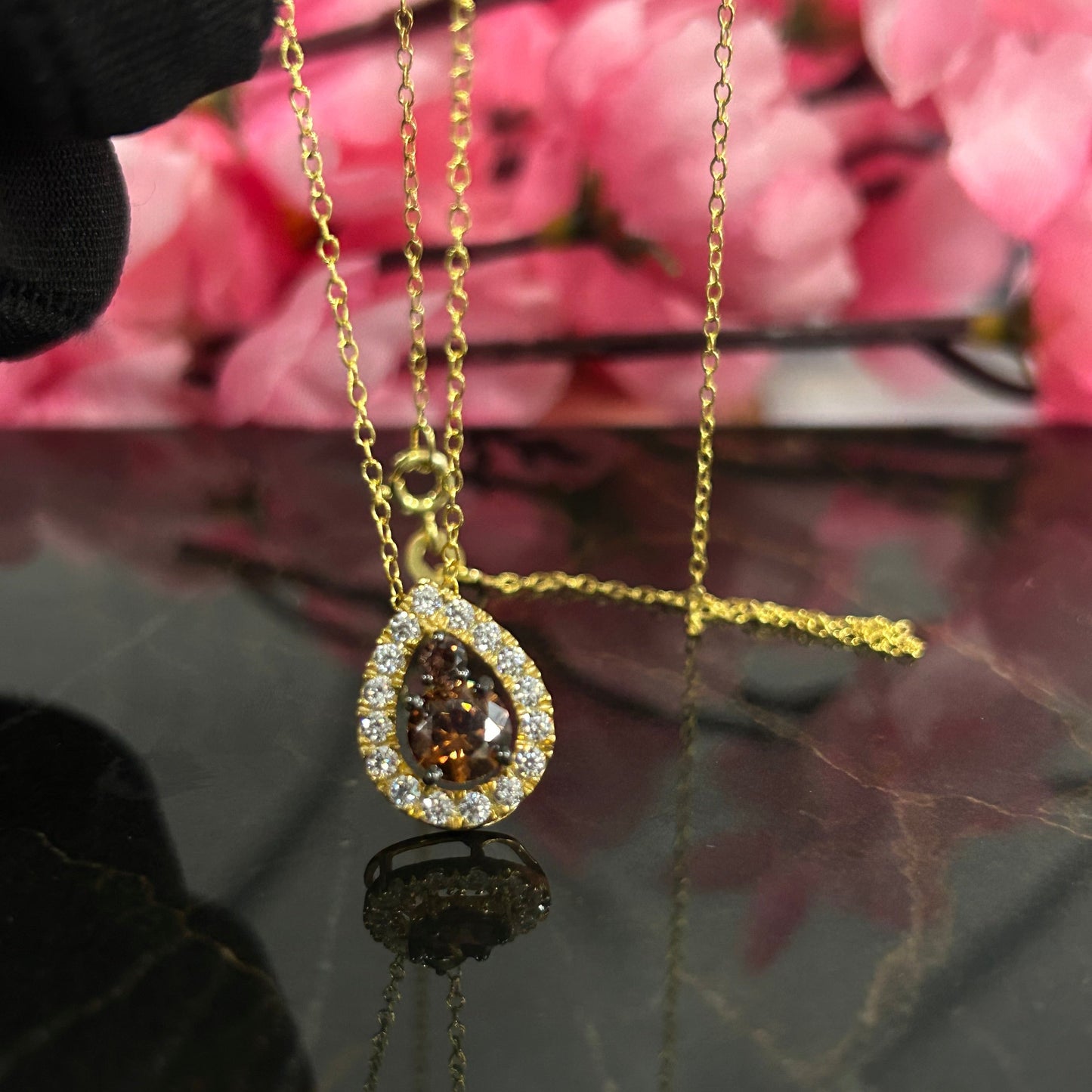 VIVA Teardrop Natural Champagne Diamond Halo Pendant Necklace in 14K Yellow Gold Vermeil