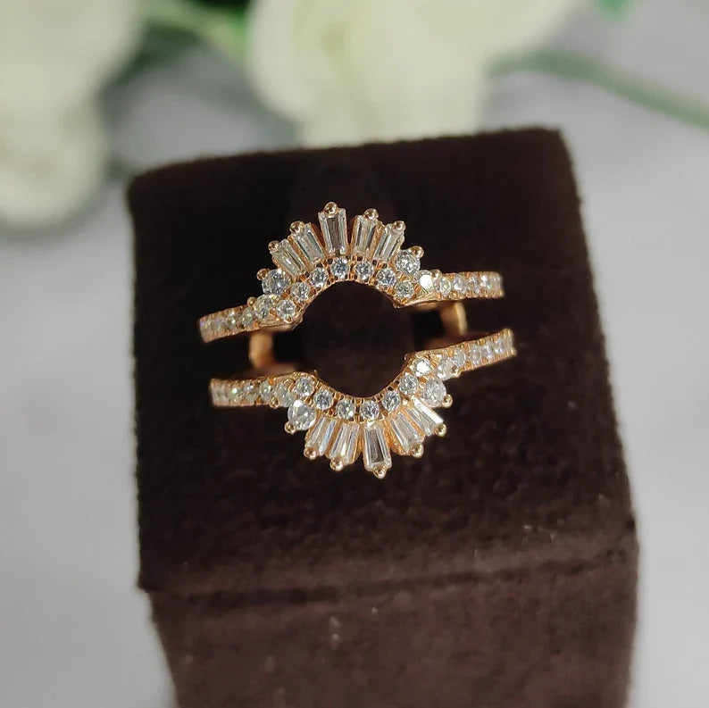 Art Deco Baguette Sunburst Diamond Ring Enhancer in 14K Yellow Gold Vermeil- Wedding Ring Wrap