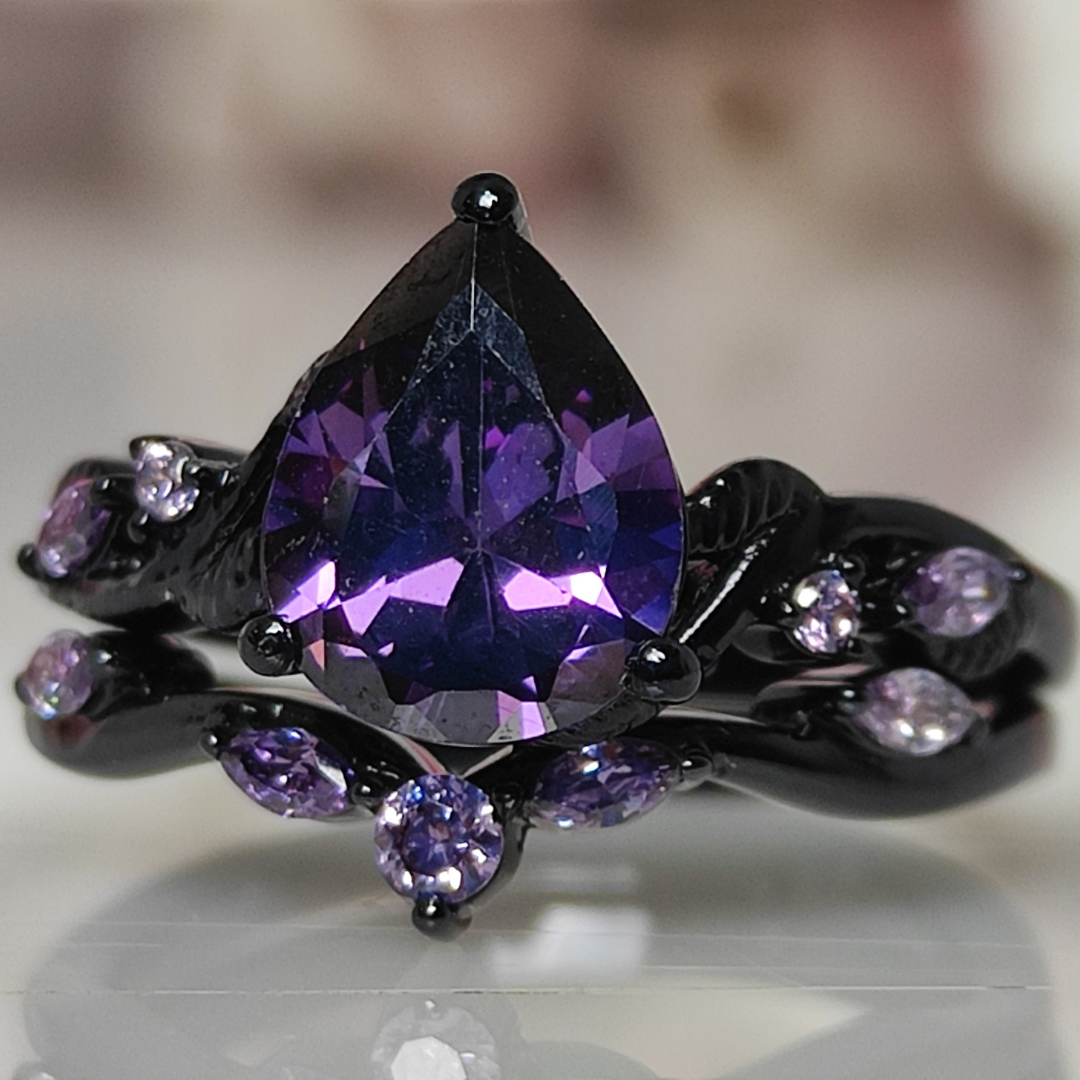 1.25ct Pear Nature Inspired Amethyst Ring Purple Crystal Wedding Ring - 14K Black Gold Vermeil