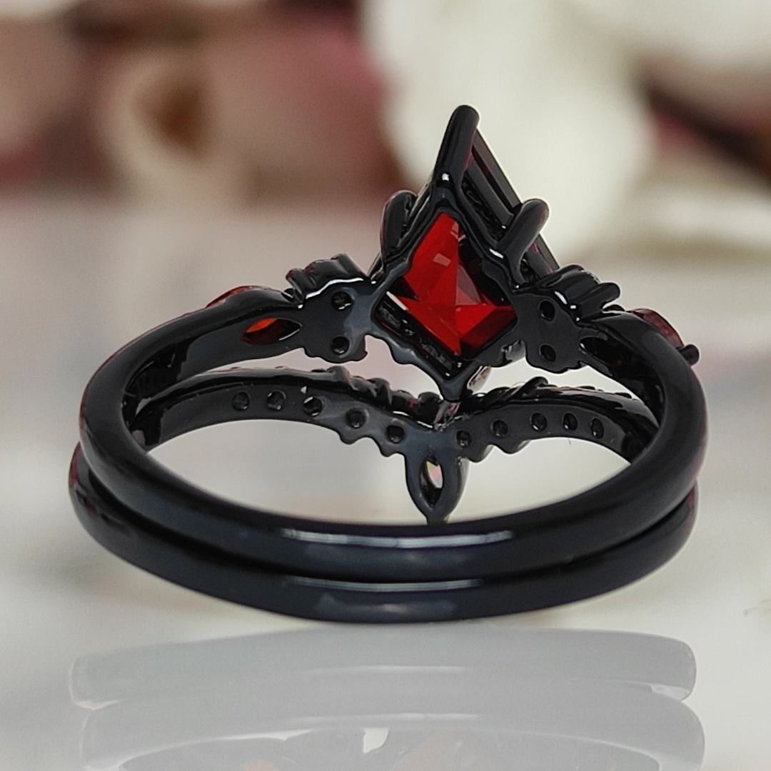 Unique Kite Cut Red Garnet Engagement Ring Set - V Shape Wedding Ring in 14K Black Gold Vermeil