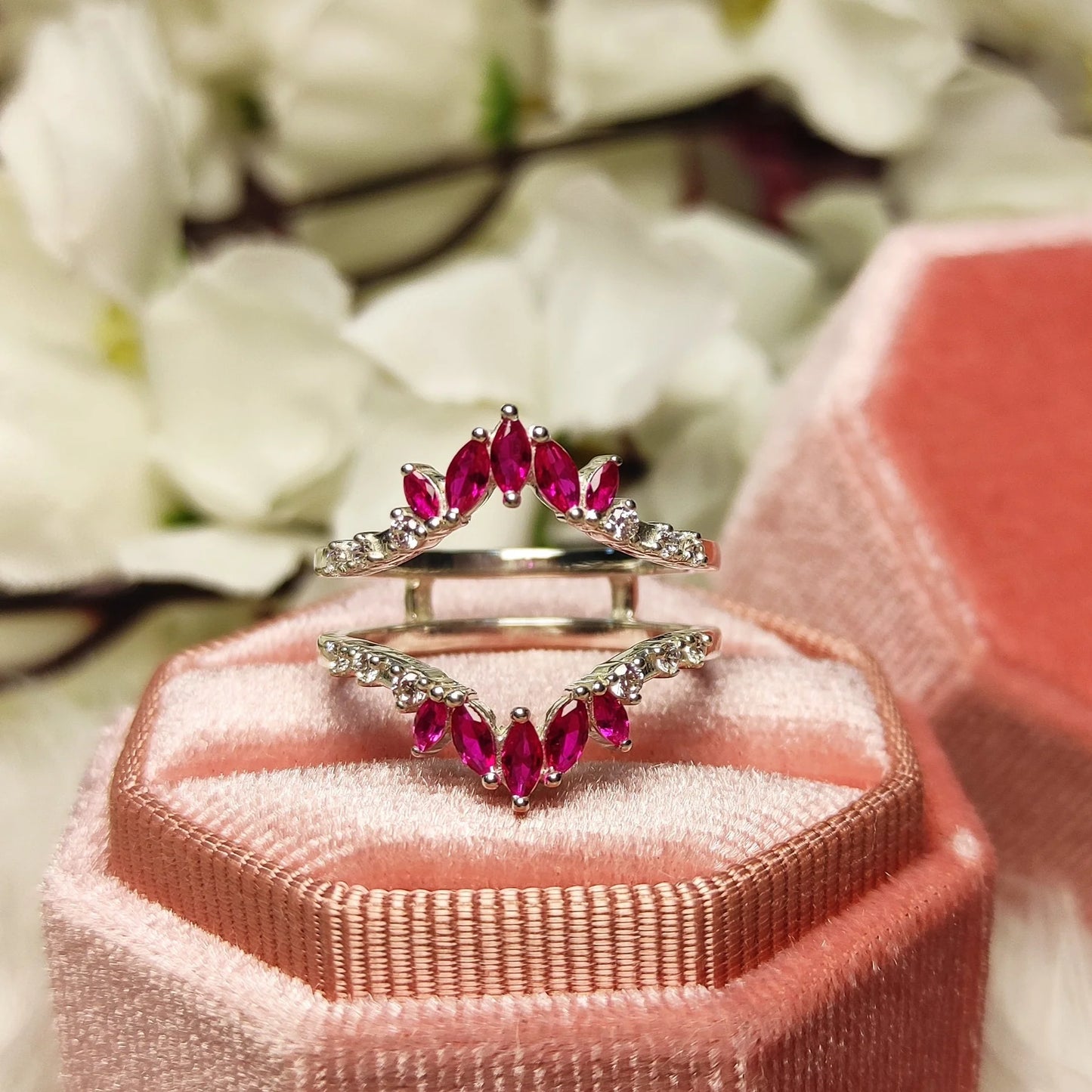 Marquise Cut Pink Ruby & Round White Diamond Ring Enhancer- 925 Sterling Silver