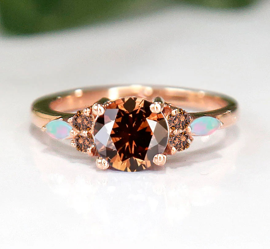 Brown Diamond & Opal Ring For Her in 14K Rose Gold Vermeil- Dainty Bridal Ring