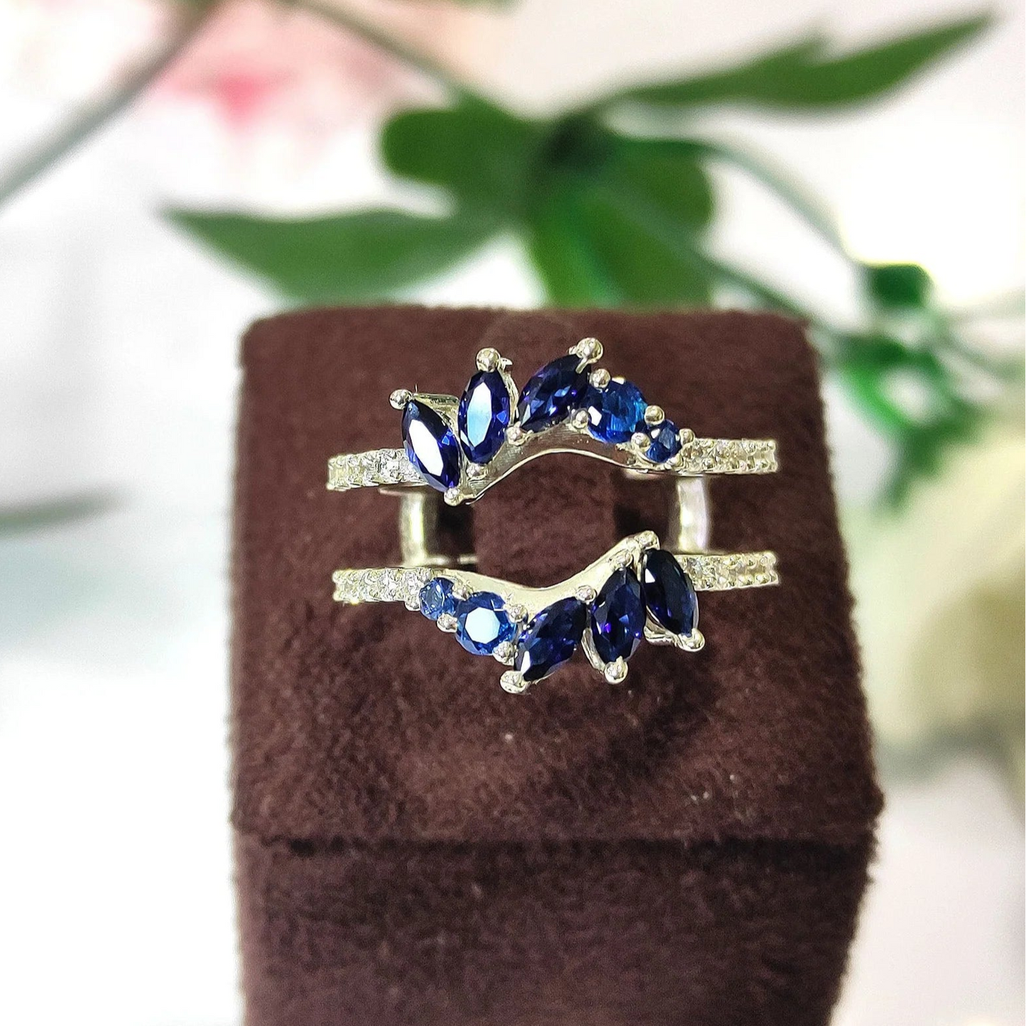 Blue Sapphire Enhancer Wedding Ring Guard in 925 Sterling Silver- Engagement Wrap Ring