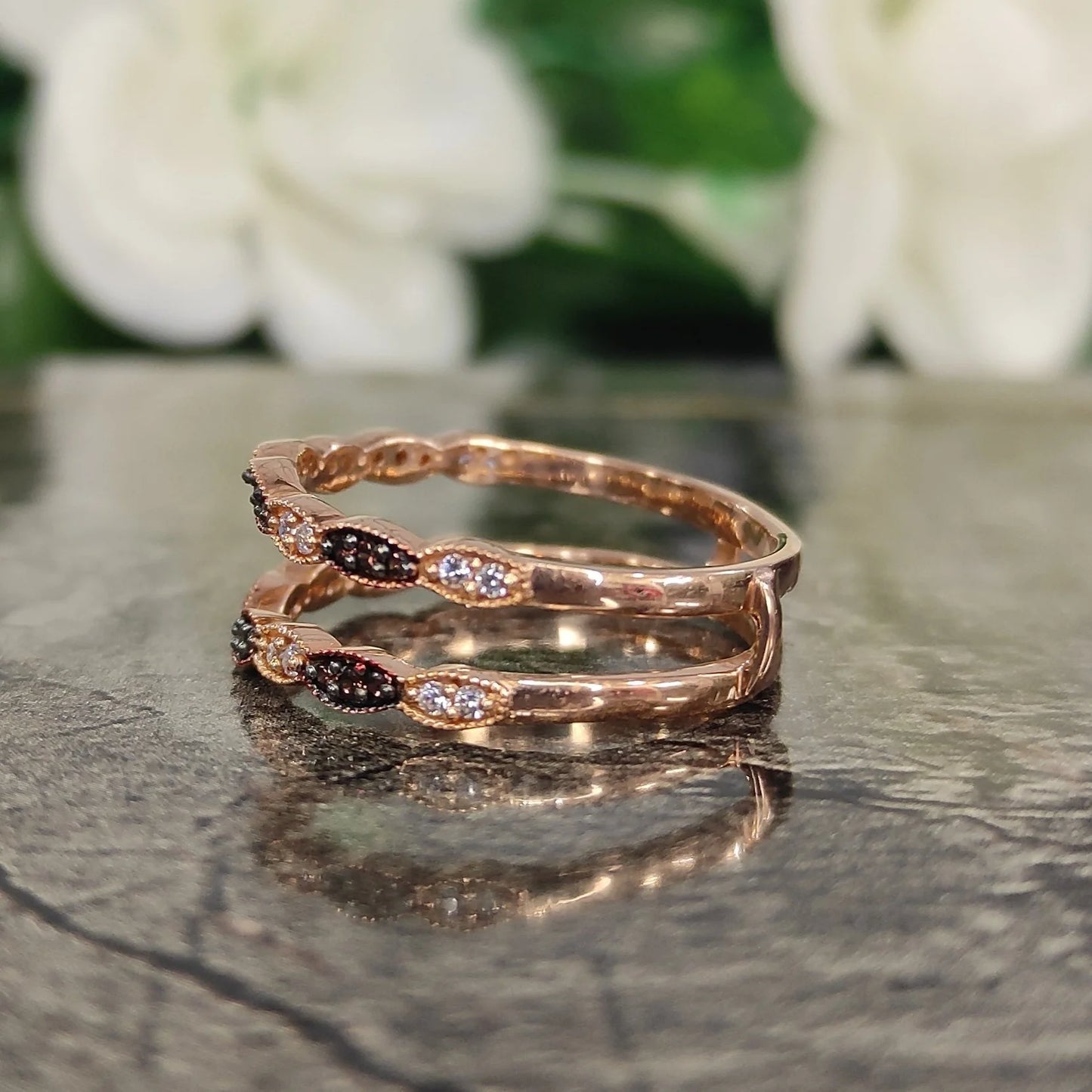 Vintage Art Deco Brown Diamond Ring Enhancer- Wedding Ring Jacket- 14K Two Tone Gold Vermeil