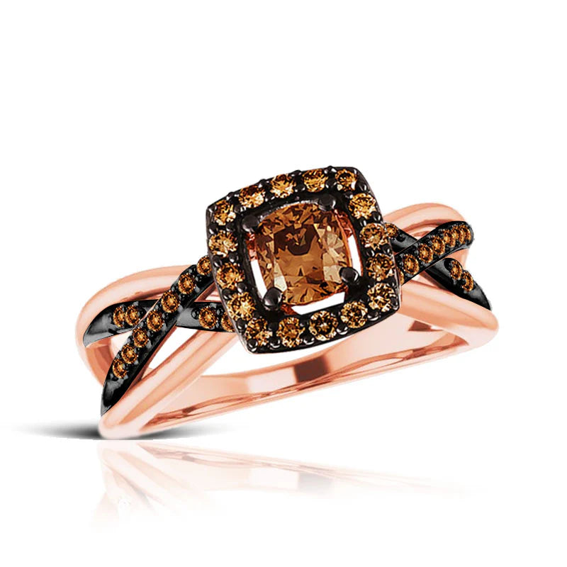 Brown Diamond Halo Engagement Ring in 14K Rose Gold Finish- Wedding Ring For Her