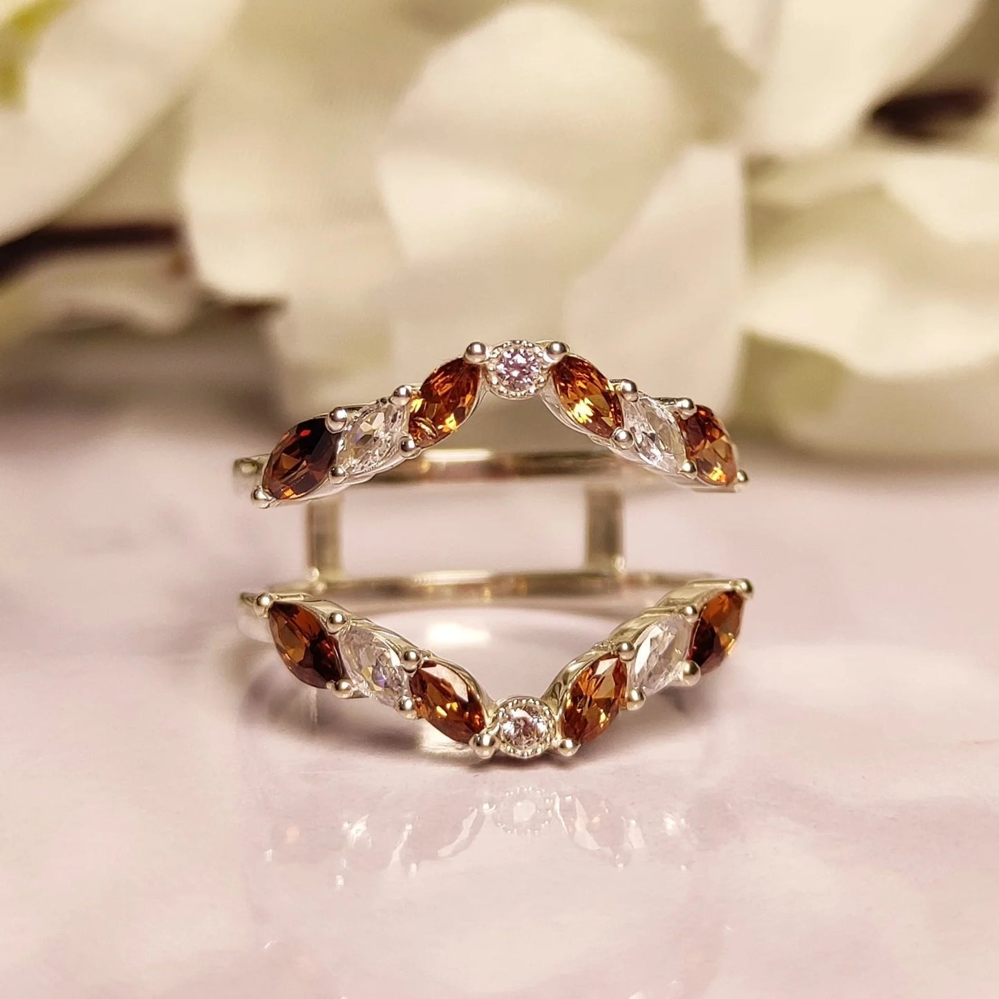Unique Marquise Cut Champagne Diamond Engagement Ring Enhancer- 14K White Gold Vermeil