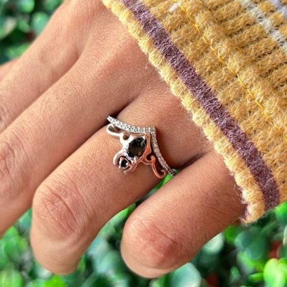 Black & White Diamond Engagement Ring in 14K Two Tone Gold Vermeil- Maleficent Crown Ring