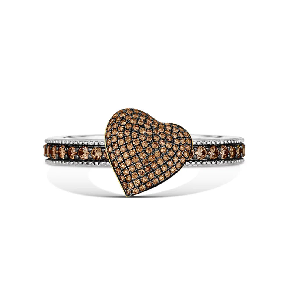 Round Cut Brown Diamond Heart Shaped Engagement Ring in 925 Sterling Silver
