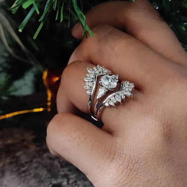 Vintage Marquise & Round Cut Diamond Engagement Ring Enhancer Set in 925 Sterling Silver