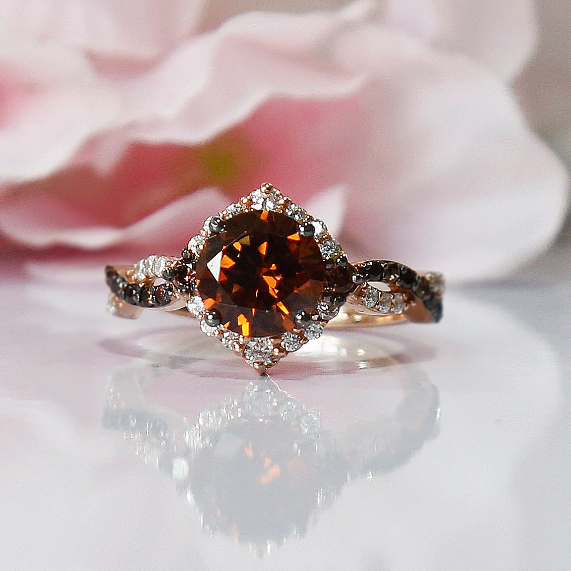 Round Cut Champagne Diamond Ring with Infinity Band in 14K Rose Gold Vermeil