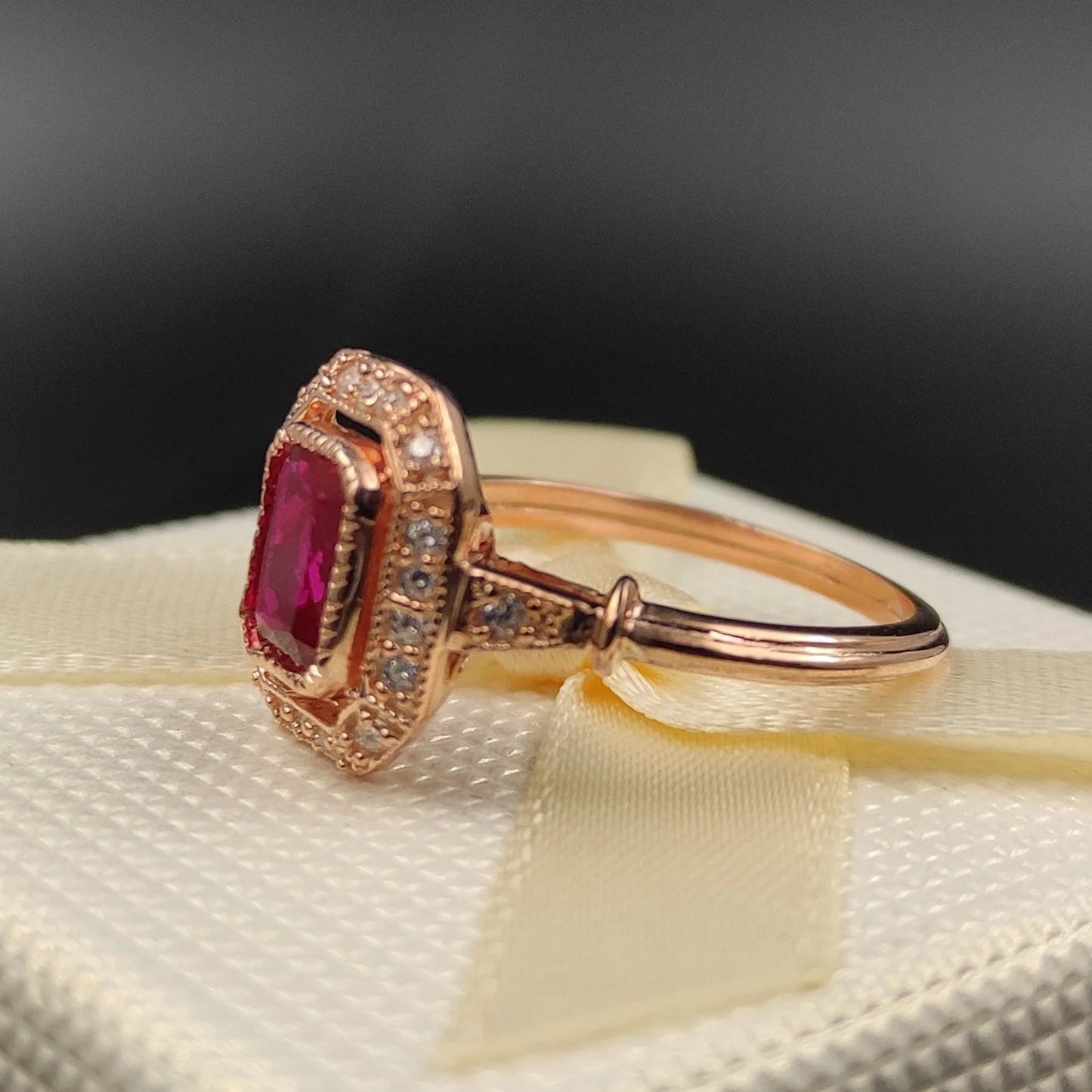 Antique Emerald Cut Ruby & White Diamond Ring in 14K Rose Gold Vermeil- Wedding Ring For Wife