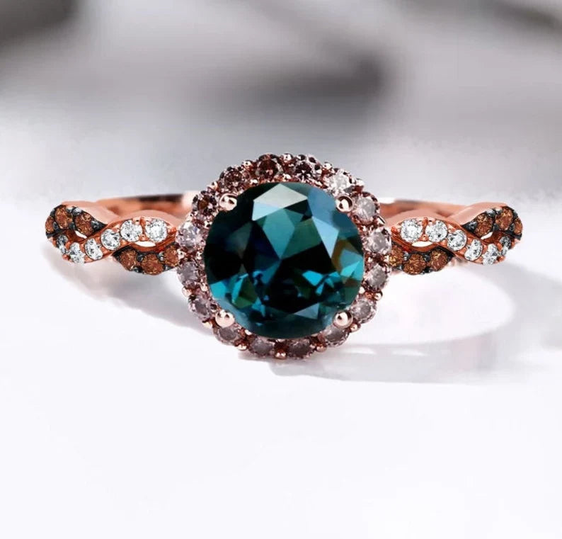 London Blue Topaz Halo Engagement Ring in 14K Rose Gold Finish- Bridal Promise Ring For Her