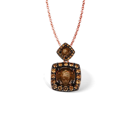 Art Deco Caramel Brown Diamond Halo Pendant Dangling Necklace in 14K Rose Gold Vermeil