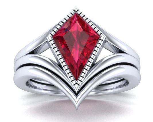 Kite Shaped Ruby Ring- V Shaped Curved Band- 925 Sterling Silver- Art Deco Ring