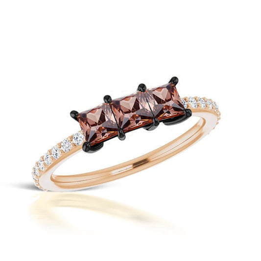 Three Princess Brown Diamond Ring in 14K Rose Gold Vermeil- Halo Ring For Her