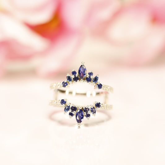 Marquise & Round Cut Blue Sapphire Engagement Enhancer Ring in 925 Sterling Silver