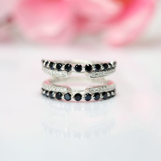 0.60Ct Black Onyx and White Diamond Cathedral Ring Guard- Wedding ring Enhance in 925 Sterling Silver