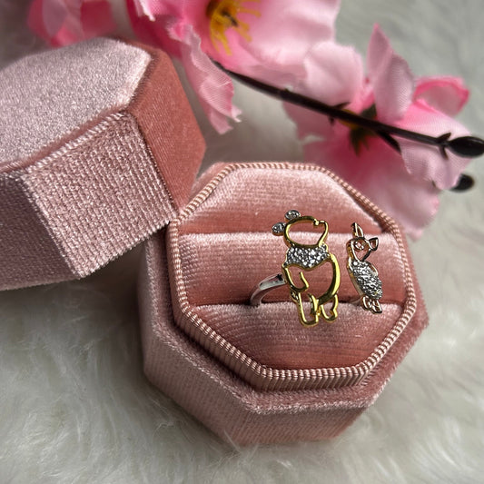 Custom Cute Pooh Bear and Piglet Wedding Ring Three Tone Gold Ring
