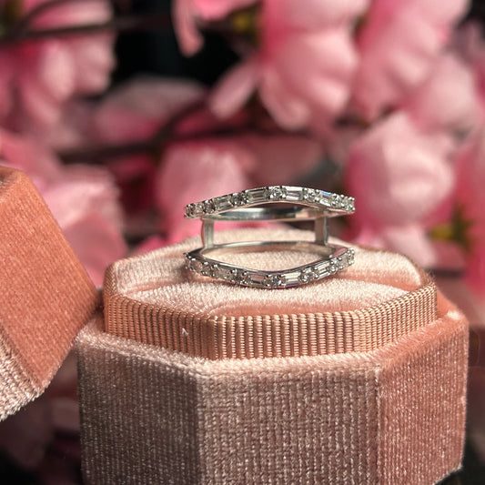 0.52Ct. Baguette Ring Guard 925 Sterling Silver Curved Wedding Ring Wrap- Matching Stacking Ring