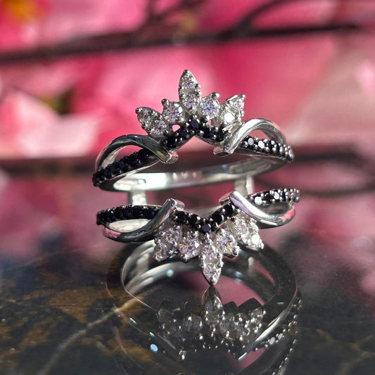 Black Onyx and White Diamond Wedding Ring Enhancer 14K White Gold Vermeil Anniversary Gift