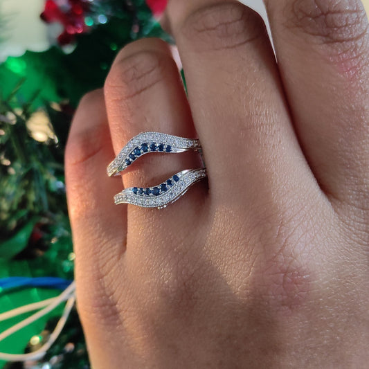 ZENITH Blue Sapphire and White Diamond Engagement Ring Enhance Wrap with 14K White Gold Vermeil