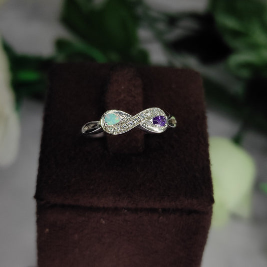 AURA Fire Opal and Purple Amethyst Infinity Band Ring- His and Hers Birthstones Wedding Ring in 925 Sterling Silver