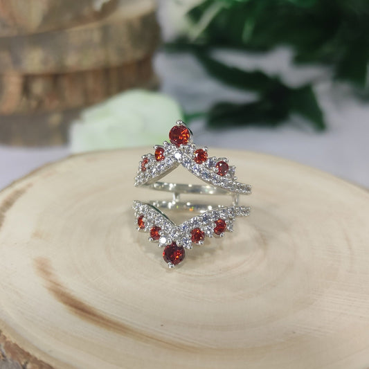 EMBER Round Cut Red Garnet and White Diamond Engagement Ring Enhancer in 14K White Gold Vermeil