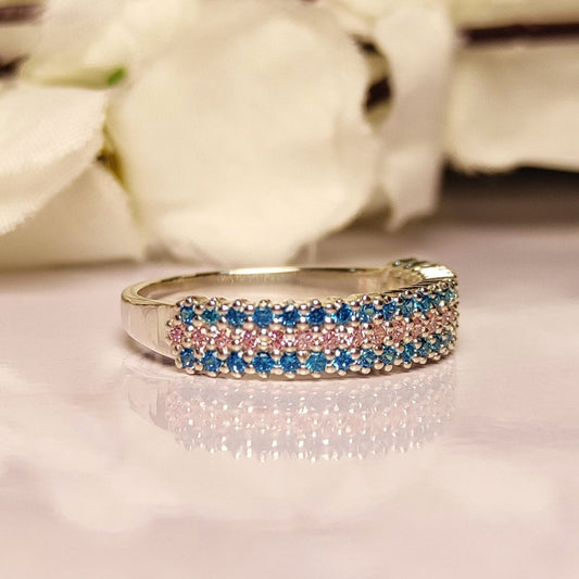 LUXE Blue Topaz and Pink Sapphire Modern Eternity Band Wedding Ring in 925 Sterling Silver