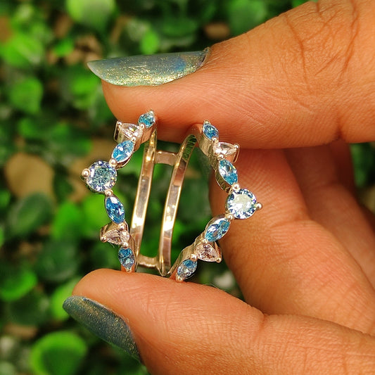 SCARLET White and Blue Topaz Ring Enhancer- Wedding Ring Jacket in 925 Sterling Silver