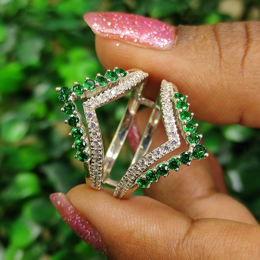 VIVID Round Cut Emerald & White Diamond Wedding Engagement Ring Guard Wrap in 925 Sterling Silver