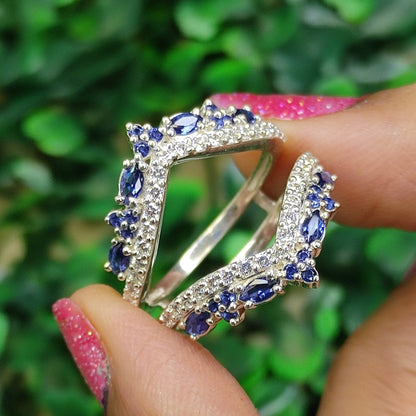 Marquise Round Cut Blue Sapphire Diamond Ring Wrap Enhancer- Wedding ring Guard- 925 Sterling Silver