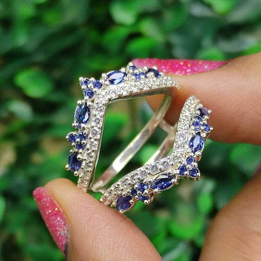 Marquise & Round Cut Blue Sapphire Diamond Ring Wrap Enhancer- Wedding ring Guard- 925 Sterling Silver