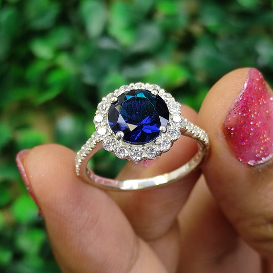 GRACE Blue Sapphire and White Diamond Halo Engagement Ring- Promise Ring 925 Sterling Silver