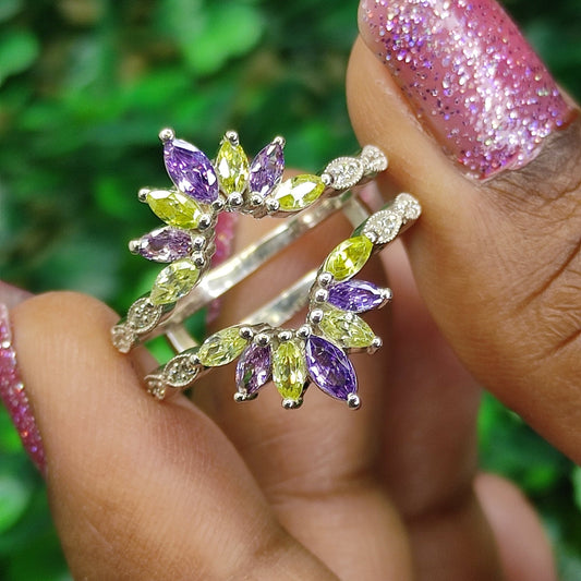Vintage Peridot and Amethyst Ring Guard- Art Deco White Diamond Band Guard in 925 Sterling Silver