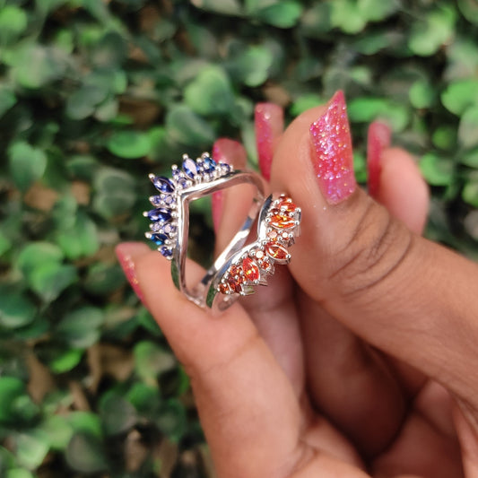 VIVID Red Garnet and Blue Sapphire Ring Guard- Double Curved Ring Jacket/ Duo Birthstone Ring Wrap