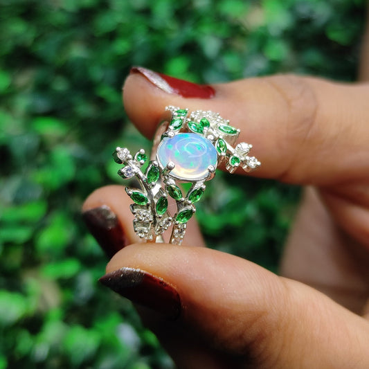 AURA Fire Opal and Emerald Vintage Leaf Wedding Ring 925 Sterling Silver Engagement Ring Gift for Her
