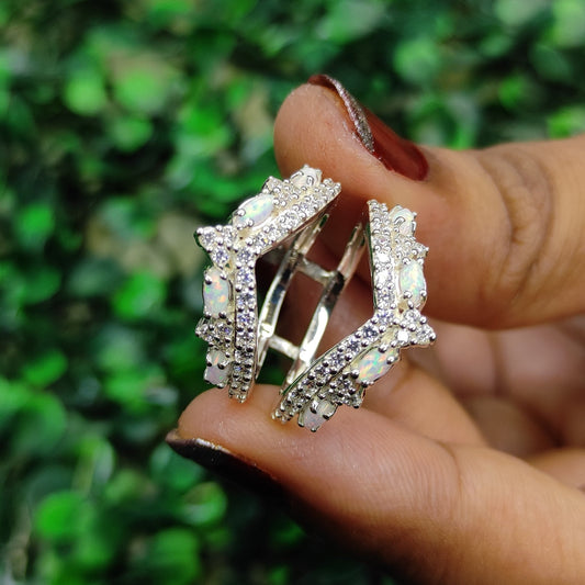 Fire Opal and White Diamond Ring Guard- Crown Engagement Ring Enhancer Wrap- October Birthstone