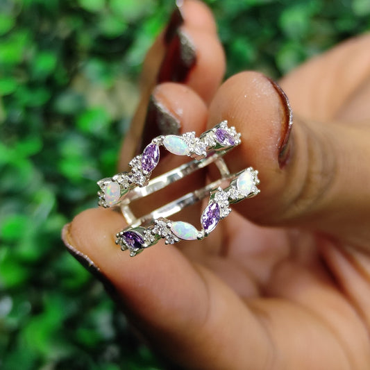 SUNSET Fire Opal and Amethyst Wedding Engagement Ring Jacket- Lovers Birthstone Ring Guard