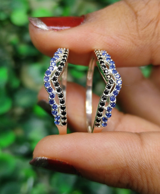 Vintage Black Diamond and Blue Sapphire Ring Guard- Wedding Ring Enhancer Wrap- Stackable Bands