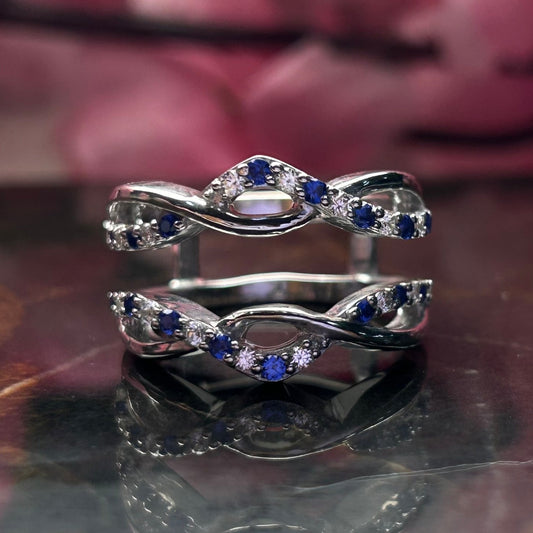 Infinity Double Curved Band 0.90Ct Blue and White Sapphire Ring Guard in 925 Sterling Silver