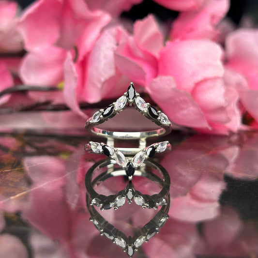 Marquise Cut White Diamond & Black Onyx Wedding Ring Enhancer- 925 Sterling Silver