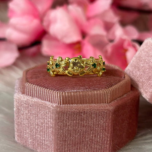 Winnie the Pooh Wedding Band- Green Emerald Floral Band Cute Pooh Bear Ring- Proposal Ring