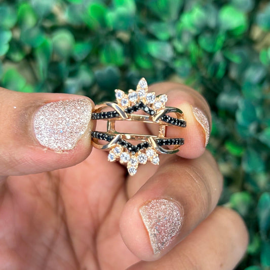 Marquise and Round Cut Black Diamond Ring Wrap Enhancer- Bridal Ring Insert - 14K Rose Gold Over