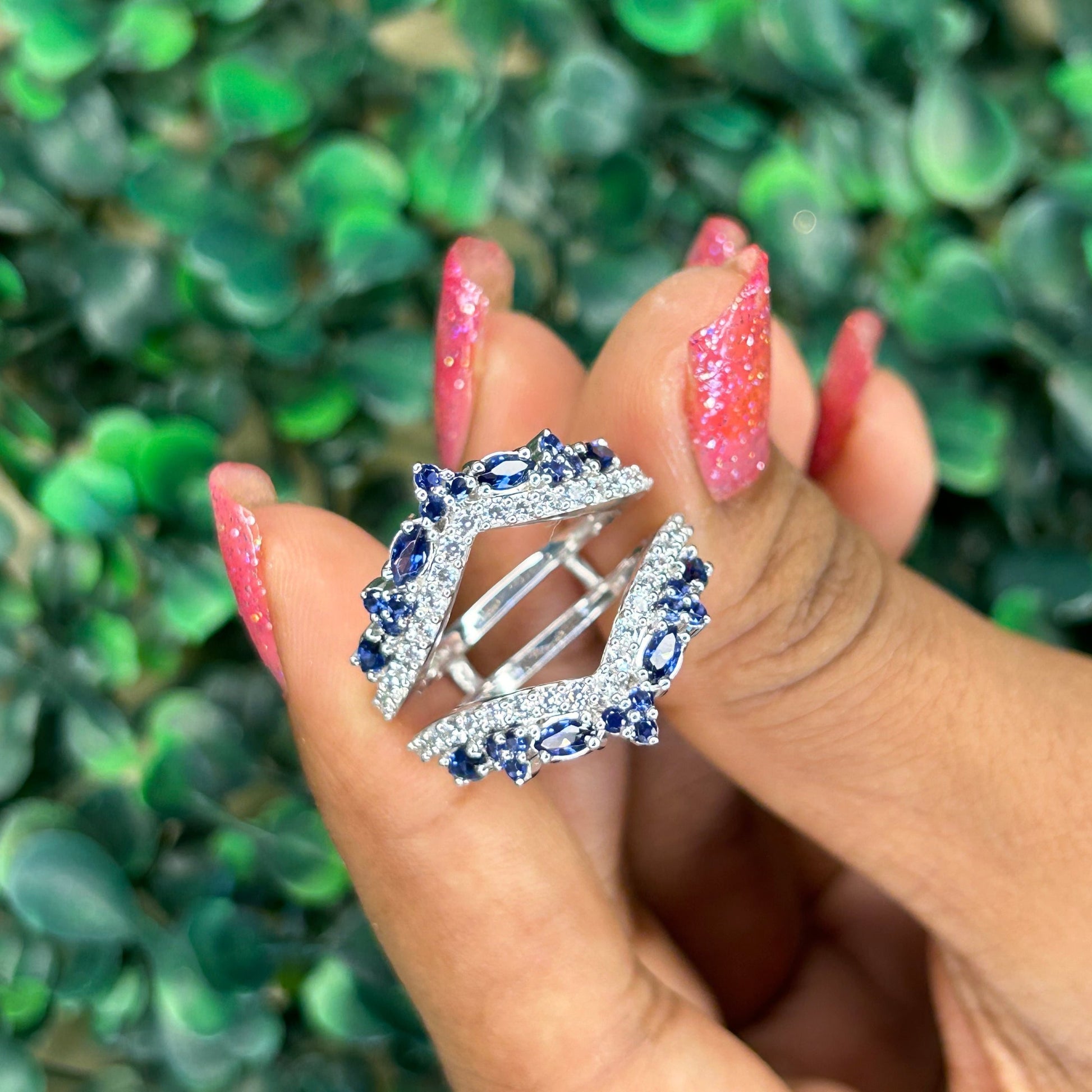 Marquise Cut and Round Cut Blue Sapphire Diamond Ring Wrap Enhancer- Wedding Ring Jacket