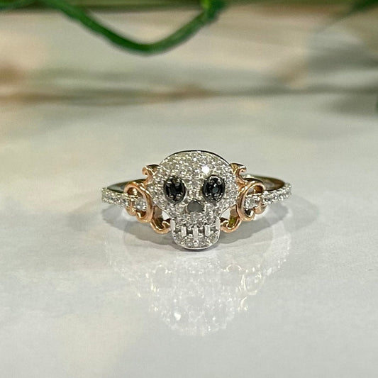 Black and White Diamond Suger Skull Ring- Spooky Wedding Ring in 14K Two Tone Gold Vermeil